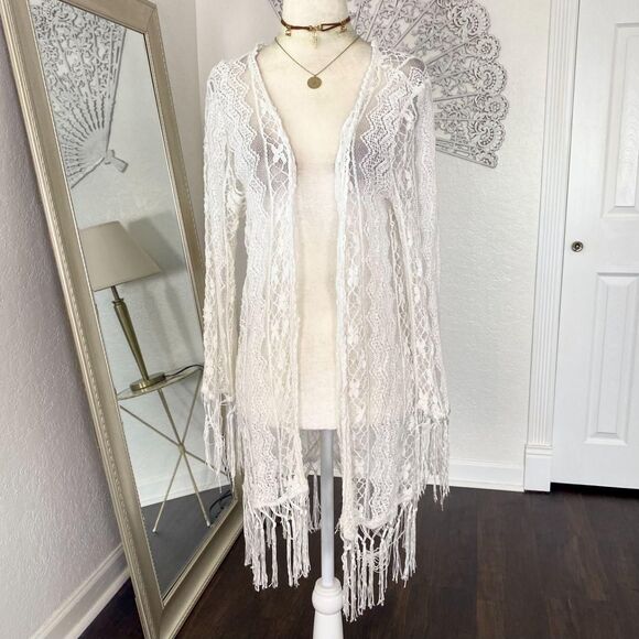 Source Unknown Sweaters - Style Apparel White Fringe Granny Lace Open Front Sheer Cardigan M